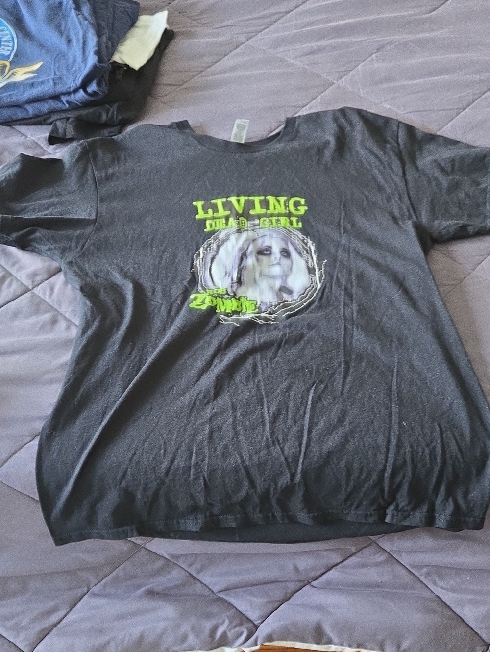 Gildan Black Tee with Neon Green "Living Dead Girl" Graphic - Picture 1 of 4
